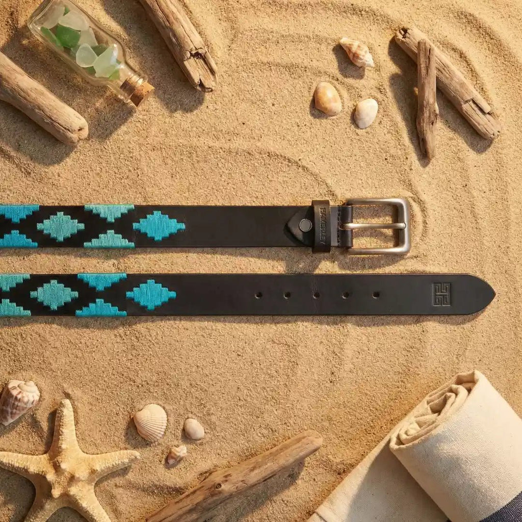 Azure Crest handcrafted polo belt – reverse side showing genuine leather backing and Hamerley branding
