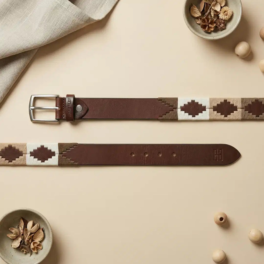 Hamerley Classic Argentine polo belt detail – close-up of heritage woven pattern, genuine leather and matte buckle