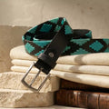 Hamerley Azure Crest handcrafted genuine leather polo belt – navy, teal and white woven pattern, front view