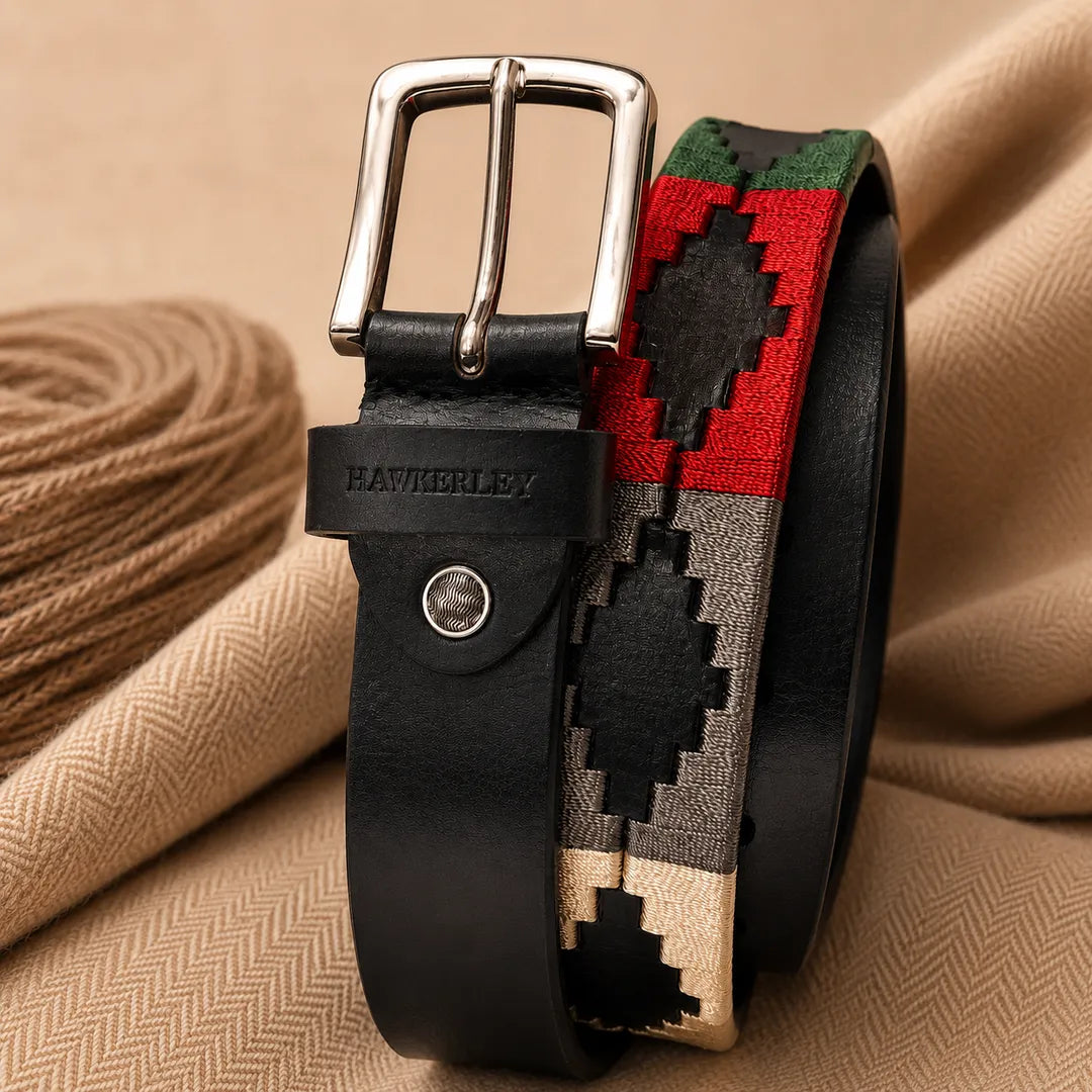 Sovereign Field genuine leather polo belt – styled flat lay showing full length, matte buckle, Hamerley branding