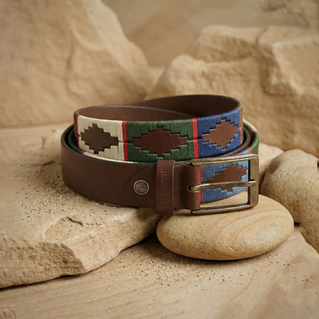 Hamerley Verde Sierra handcrafted polo belt – deep green, navy and ivory woven pattern on genuine leather, front view