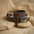 Hamerley Verde Sierra handcrafted polo belt – deep green, navy and ivory woven pattern on genuine leather, front view