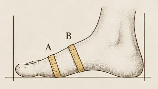 Side view: forefoot girth A and instep girth B